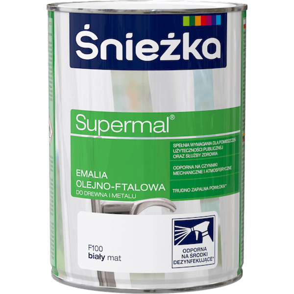 Obrazek ŚNIEŻKA Supermal® Emalia Olejno-ftalowa Mat F100 Biały 0,8 L.