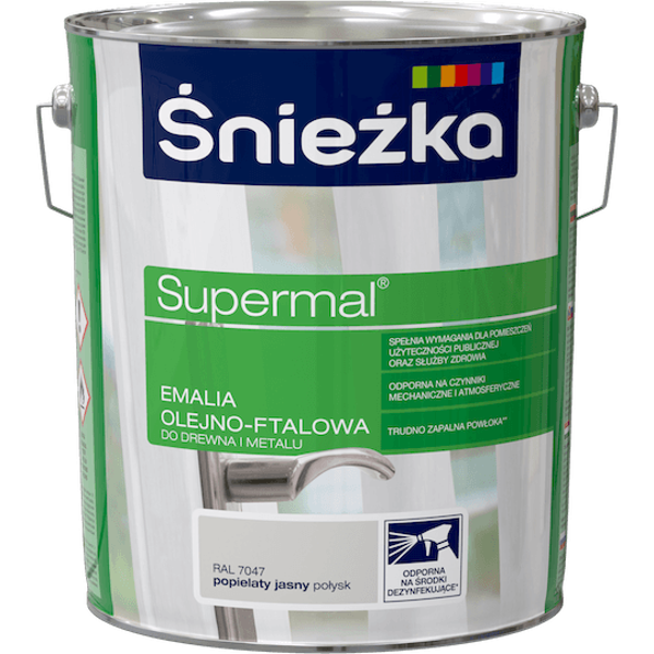 Obrazek ŚNIEŻKA Supermal® Emalia Olejno-ftalowa Połysk RAL 7047 Popielaty Jasny 10 L.