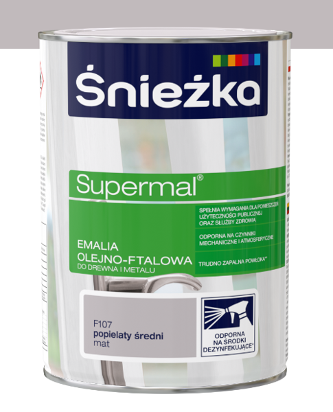 Obrazek ŚNIEŻKA Supermal® Emalia Olejno-ftalowa Mat F107 Popielaty Średni  0,8 L.