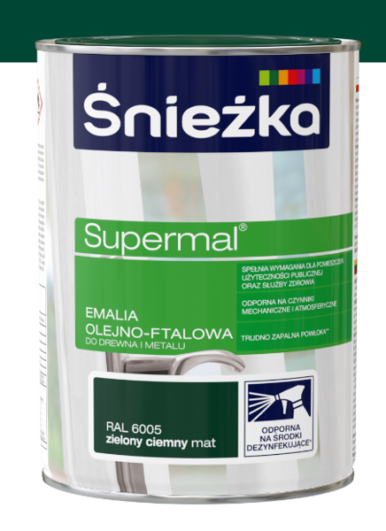 Obrazek ŚNIEŻKA Supermal® Emalia Olejno-ftalowa MAT RAL 6005 Zielony Ciemny 0,8 L.
